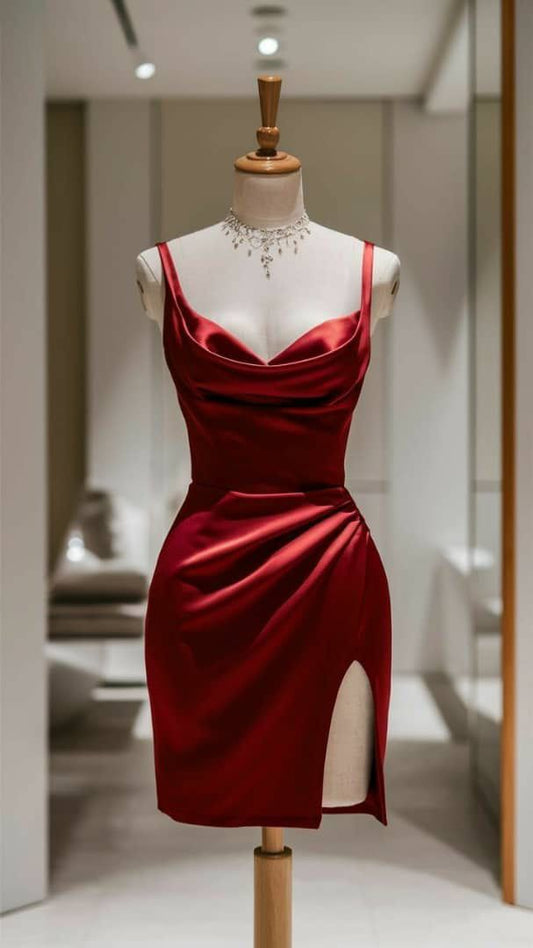 Women's Burgundy Satin Ruched Asymmetric Bodycon Dress