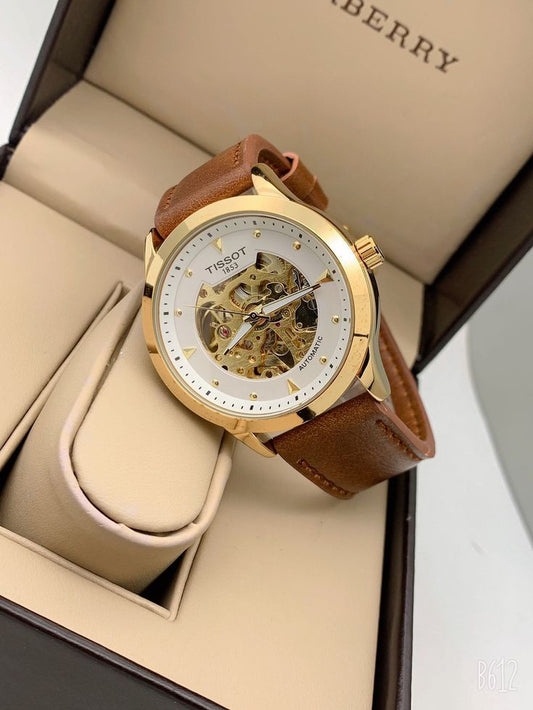 Tissot Men's Skeleton Automatic Watch with Brown Leather Strap