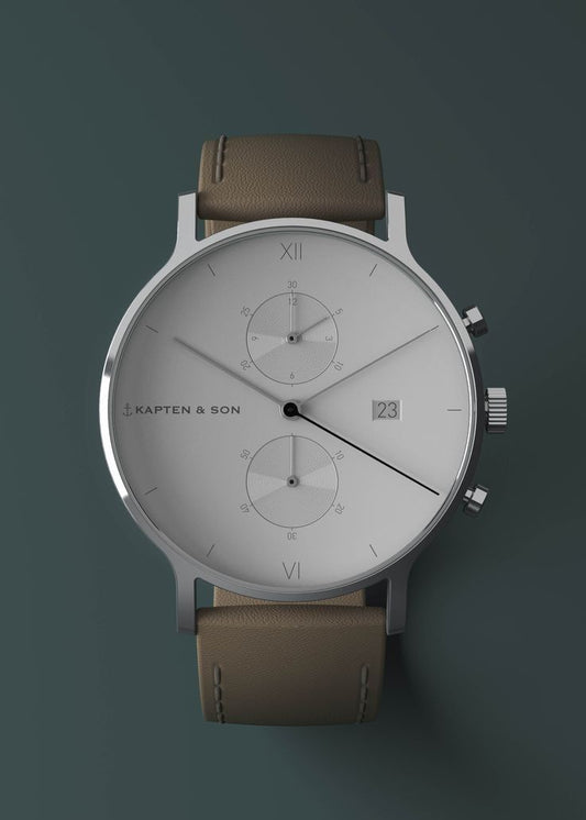 Kapten & Son Minimalist Chronograph Watch with Brown Leather Strap