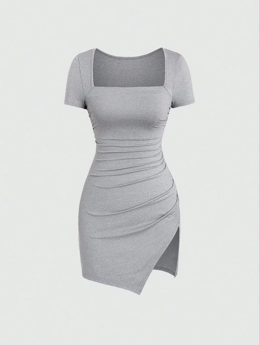Women's Solid Color Square Neckline Pleated Split Summer Short Sleeve Dress